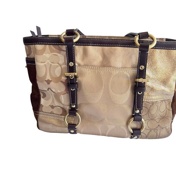 Vintage Coach Patchwork Signature Jacquard & Suede Gold/Tan Tote F06Q‑10383 - Picture 8 of 11